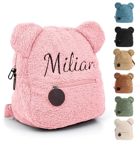 Personalised Toddler Backpack for Girl & Boy, Embroidered Name Children's Mini School Rucksack, Cute Small School Bag for Travel Kindergarten Elementary Preschool, Kids Teddy Plush Backpack (Pink)