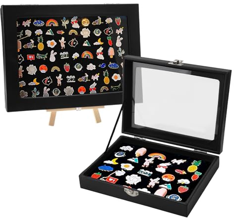 Vetrina in velluto nero,Vetrina della collezione Pin con stoccaggio in ordine trasparente per spille da bavero in velluto con supporto in legno e chiusure in ferro per
