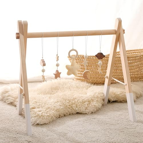 Promise Babe Wooden Baby Play Gym Play Arch Baby 5 Detachable Sensory Baby Toys Beige Stars Pendant Design Newborn Baby Essentials Wooden Activity Baby Gym