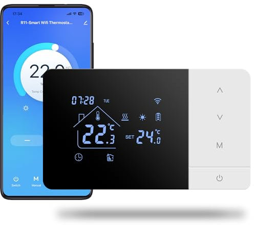 termostato de batería WiFi de 2 Hilo para Control de calderas de Gas Termostato Tuya programable Diariamente, Compatible con Control por Voz de Google y Alexa.W506 3A