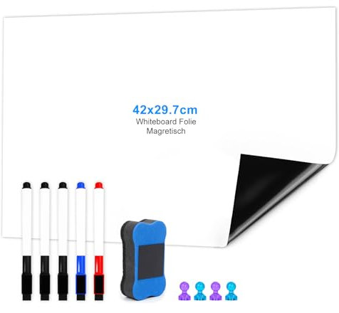 USHOP A3 Tableau Blanc Magnetique,tableau magnetique frigo,Film Réfrigérateur Magnétique avec 5 Stylos,1 Effaceur, 4 Aimants,pour planning semaine frigo,pour l'École, le Bureau et la Cuisine