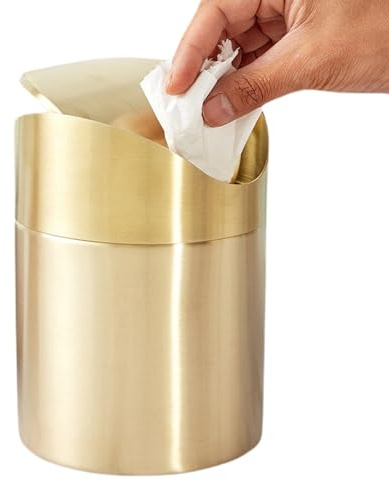 Cestino per Rifiuti in Acciaio Inox 304 Modello da Tavolo con Coperta, Colori Bronzo Antico e Oro, Capacità 1.5L Ideale per Bagno, Ufficio, Auto e Ambienti Domestici 1 Pz. con Imballo Cartaceo