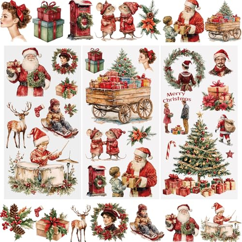 WANDIC 3 Sheets Christmas Rub on Transfer Stickers, Furniture Transfer Stickers Christmas Tree, Pine Wreath Moose for Scrapbooking Present Boxes,Holiday Decorations,15 * 30cm