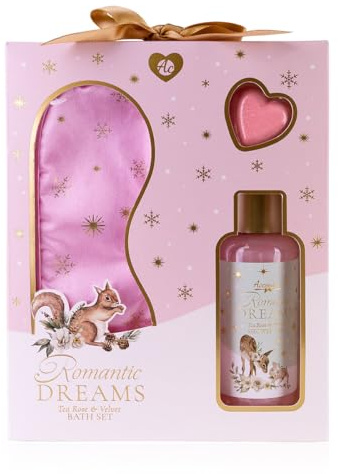 Accentra Badset ROMANTIC DREAMS i gåvobox, duschgel, badbomb, rosa sovmask med gyllene stjärnor, doft: Terosa & Sammet, kvinnors julklapp
