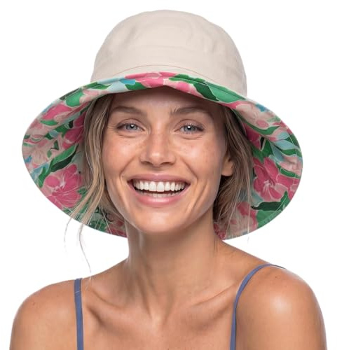TOP-EX ChicPony Pferdeschwanz Sonnenhut Damen mit breiter Krempe UV Schutz Hut Frauen Sommer Faltbar Baumwolle Leinen Strandhut Gartenarbeit Beiges Print-Innenfutter M