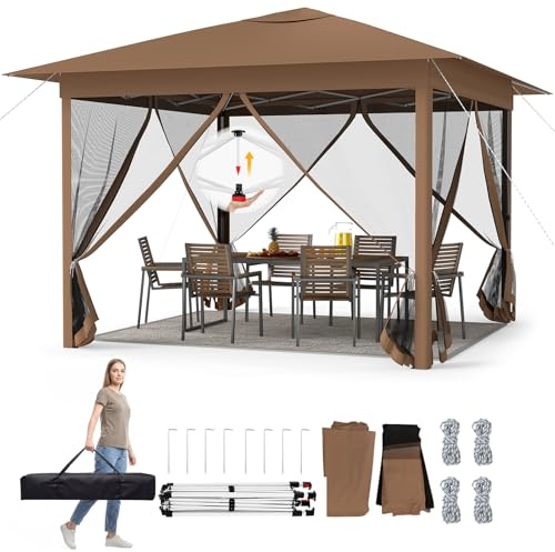 RELAX4LIFE Pabellón Pop-Up 3,5x3,5m para Exterior, Carpa Plegable con 4 Paredes de Malla con Cremallera Doble, Altura Ajustable, Bolsa de Transporte, Protección Solar, Cenador de Jardín, Patio