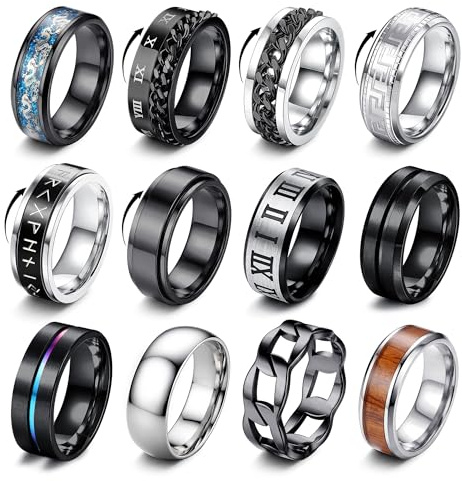 Morfetto 12 stycken ringar i rostfritt stål, män, kvinnor, fidgetring, svart, silver, ringar, set för män, spinnring, vintage, enkla vigselringar, förlovningsringar, storlek 7–13