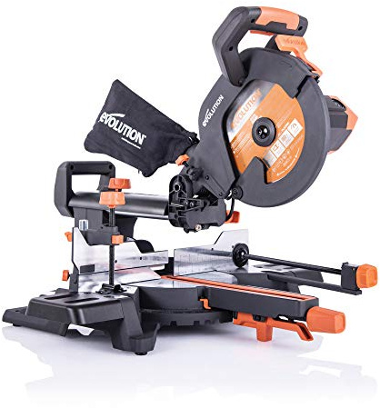 Evolution Power Tools R255SMS+ PLUS 10-Inch Sliding Miter Saw Plus Multi-Material Multi-Purpose Cutting Cuts Metal, Plastic, Wood & More 0˚ - 45˚ Bevel & 50˚ - 50˚ Miter Angles TCT Blade Included