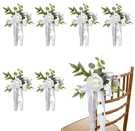 LEMCC 6 Piezas de decoración de Flore para sillas de Boda, Flores de peonía Artificiales con Cintas para Ceremonia de b_oda, Ceremonia de recepción, decoración de Flores de Pasillo de b_oda, 27 cm