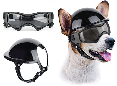 NAMSAN Anti-UV Hundebrille mit Haustierhelm, Winddicht Augenschutz Hunde Sonnenbrille, Cooler Motorrad-Haustierhelm für Kleine/Mittlere Hunde