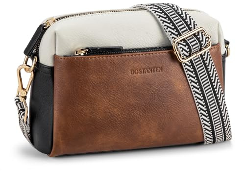 BOSTANTEN Small Crossbody Purse for Women Triple Zip Cell Phone Leather Shoulder Handbag with Wide Guitar Strap Brown with Black
