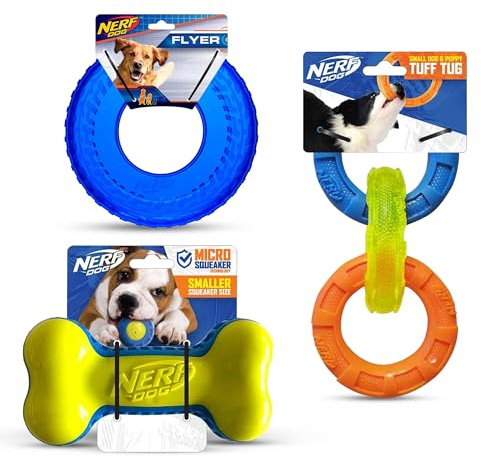 Nerf Dog Toy Gift Set, 3-Piece Set of Outdoor Dog Toys for Tug and Fetch, Includes 3-Ring Tug, Exo Squeak Bone and Tire Flyer