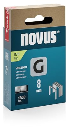NOVUS TOOLS Agrafes en fil plat 8 mm de type 11, 1200 pièces, agrafes galvanisée pour la fixation de films plastiques, bardeaux bitumés, étiquettes, papier, contrecollages en alu