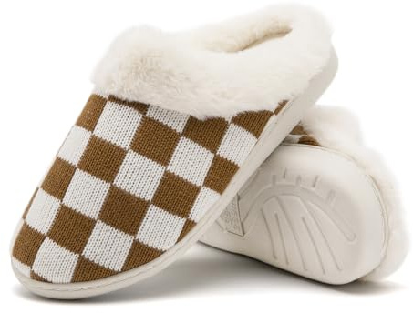 Guyarns Fuzzy Slippers - Women's & Men's Soft Memory Foam Knit House Slippers, Non-slip, Warm Fleece Lined, Checkered Indoor/Outdoor (Brown, 4/5 UK)