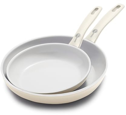 Greenpan Dover Healthy - Set di padelle antiaderenti in ceramica da 20,3 cm e 25,4 cm, senza PFA, lavabili in lavastoviglie, impugnatura comoda, colore: bianco crema