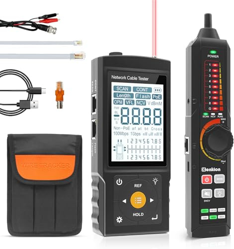 Henkion Multifunktions-RJ45-Netzwerkkabeltester,Kabelverfolger,Aufladbar,UTP-Kontinuitäts-und Steckerfehlertest,Länge,OPM,POE 802.3af/at/bt und nicht standardmäßige POE-Erkennung,Port-Blinken,NCV