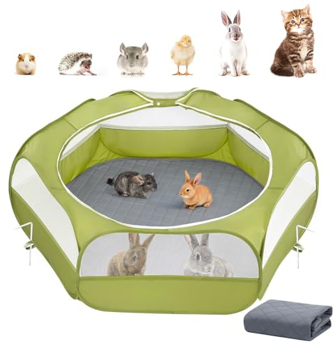 Parc pour Petits Animaux 2-en-1 avec Coussin, Cage pour Petits Animaux Imperméable avec Coussin Réutilisable, Clôture de Cour Extérieure avec 3 Tiges en Métal pour Poussin/Chaton/Chiot, Vert d'Avocat