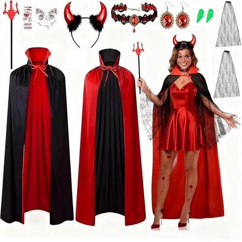 iZoeL Costume Diavolo Donna Mantello Adulto Costume Strega, 143 cm Mantella Reversibile Corna Diavolo Tatuaggio Maniche Orecchini Collana Denti, Costume Halloween/Carnevale/Ball Masquerade Donna