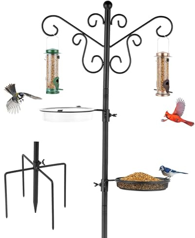 MIXXIDEA Bird Feeding Station Bird Feeder Pole with 5-Prong Base Hanging Hooks Water Bath Mesh Tray Wind-Resistant Water Bowl with Metal Snap Fastening for Outdoors to Attract Wild Birds