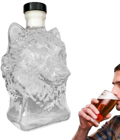 Whisky Carafe, Glass Decanter Bottle, 350 ml, Wolf Head Design Bar Accessories, Decoration for Men, Father, Husband, Boyfriend