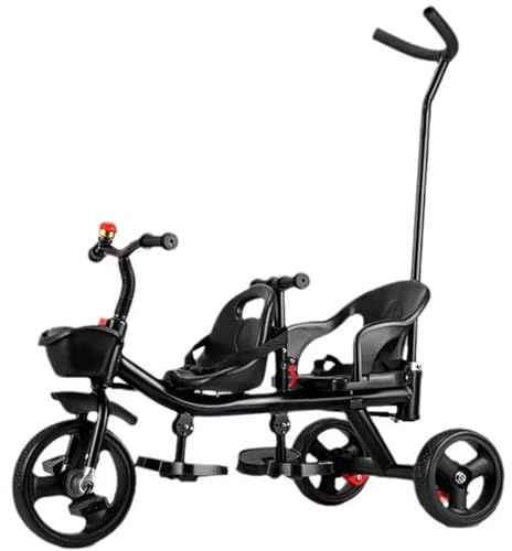 LSQXSS Cochecito con Barra de Empuje para Padres, Carrito para niños de 2 a 5 años, Triciclo de Dos Asientos para Gemelos, triciclos, Asiento Trasero con reposabrazos y cinturón