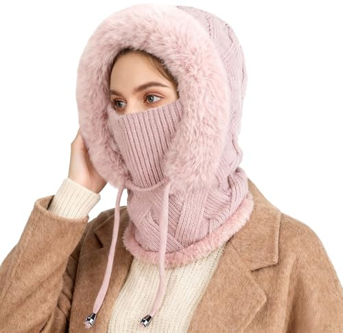 AYPOW Varm stickad vintermössa med halsvärmare för kvinnor, vindtät balaklava, skidmask, mössa, hattar, termisk fleecefoder med dragsko, mjuk ullig halsduk för kvinnor utomhus, Rosa, en storlek