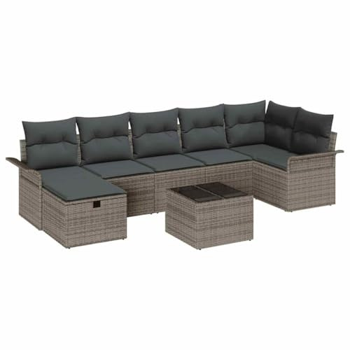 Foknhdi Gruppo di sedie da giardino, 8 pezzi, grigio, in rattan sintetico, 297,5 x 132,5 x 85 cm, regolabile in altezza, design moderno, robusto, per balcone, terrazza e giardino