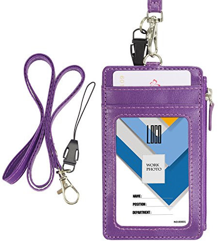 Wisdompro Badge Holder with Lanyard - Vertical PU Leather ID Card Holder with 1 ID Window, 4 Card Slots and Zippered Pocket, Double Sided – Purple