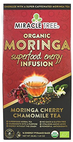 Miracle Tree's Moringa Energy Tea - Cherry Chamomile Tea | Super Caffeinated Blend | Healthy Coffee Alternative, Perfect for Focus | Organic Certified & Non-GMO | 16 Pyramid Sachets