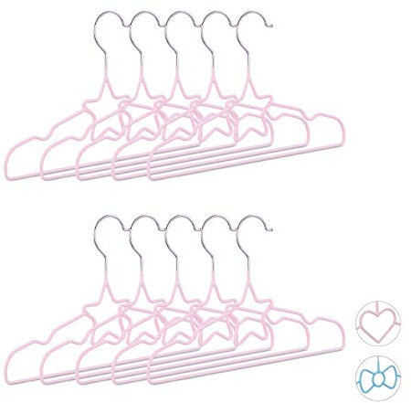 Relaxdays Set da 10 Grucce per Bambini con Stella, Decorate, Salvaspazio, Appendini, Stampelle, 30 cm, Ferro, Rosa Chiaro
