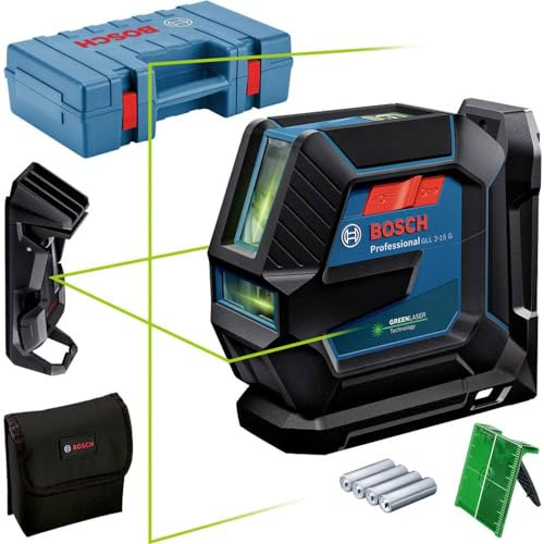 Bosch Professional Laser Level GLL 2-15 G (Green Laser, Interior, LB 10 Mount, Ceiling clamp, Visible Working Range: up to 15m, 4X AA Battery, in Carrying case)