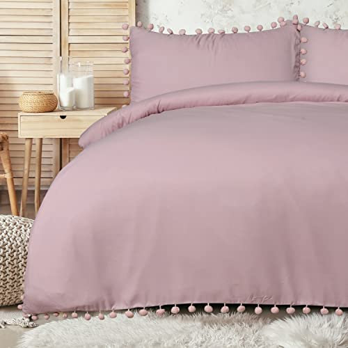 Sleepdown Pom Pom Blush Pink Luxury Easy Care Plain Duvet Cover Quilt Bedding Set with Pillowcases - Super King (220cm x 260cm)