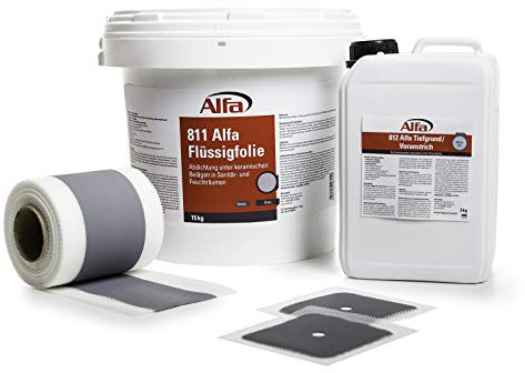Alfa Abdichtungs-Set - 15 kg Flüssigfolie, 3 kg Tiefengrund, 15 m Dichtband, 2 x Manschetten - Dusche Bad Küche Abdichtung Dicht-Set
