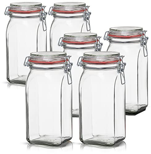 BigDean 6er Set Vorratsgläser 1,5L - Einmachgläser mit Deckel & Bügelverschluss - Made in Germany - Drahtbügelgläser zum luftdichten Aufbewahren, Einlegen & Einkochen - Glas, eckig