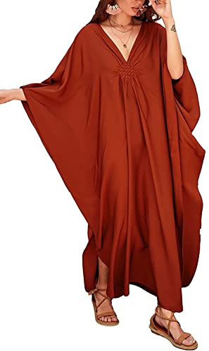QTUN Femme Eté Couleur Unie Robe de Plage Grande Taille Tunique Caftan Longue Kimono Cache-Maillot Sarong Maillot de Bain Cover Ups