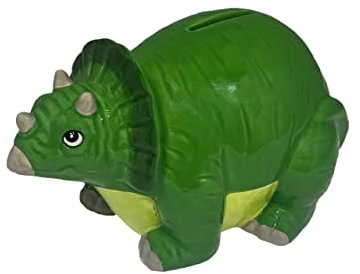 Crockery Critters - Triceratops Money Bank from Deluxebase. Novelty Ceramic Dinosaur Piggy Bank. Cute Dino Savings Box with Rubber Stopper, Decorative Gift.