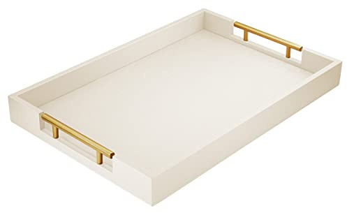 ATZYmolin 17 x 12 Wood Serving Tray with Gold Polished Metal Handles, Home Decorative Wooden Rectangle Ottoman Leather Decor Platter Bathroom Vanity Tray for All Occasions White