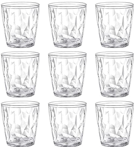Hedume 9 Pack 300ml Plastic Water Tumblers, 10oz Transparent Drinking Glasses, Clear Acrylic Reusable Juice Wine Cups Stackable for Home, Picnic Party