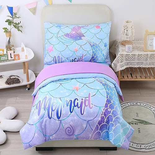 STYHO Blue Toddler Duvet Cover Set Colorful Mermaid Tail Printed Cot Bedding Set Soft Reversible Gradient Toddler Bedding Set(Blue Mermaid, Cot Bed)