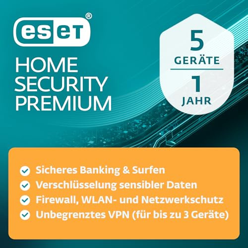 ESET HOME Security Premium 2026 | 5 Geräte | 1 Jahr | inklusive VPN, Datenverschlüsselung, Browserschutz & Privatsphäre | Windows, MacOs, Android oder iOS | Aktivierungscode per E-Mail