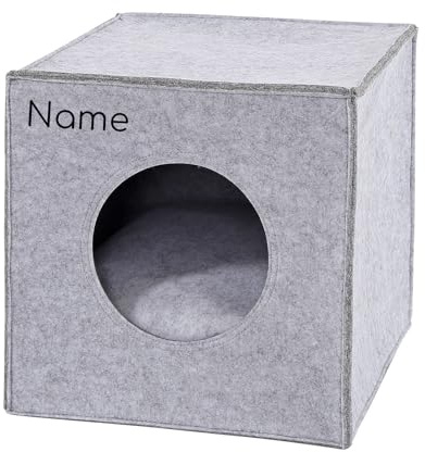 lionto Caverne pour Chats en Feutre Robuste adaptée aux systèmes de rayonnage, 33x37x33 cm, lit pour Chats Pliable en Forme de Cube, Niche avec Coussin Confortable, Gris Clair (avec nom imprimé)