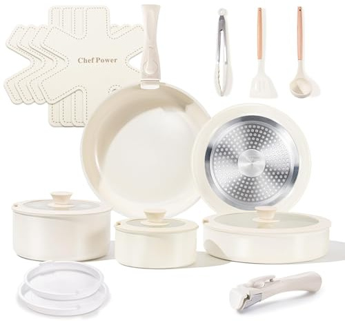 Chef Power Set di pentole in ceramica atossiche con manici staccabili, padelle e pentole antiaderenti sane, set da 19 pezzi, set da cucina a induzione, lavabili in lavastoviglie, senza PFAS PFOA e