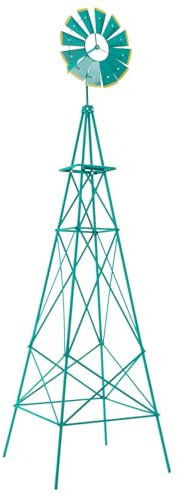 COSTWAY 8FT Metal Windmill, Weather-resistant Ornamental Garden Wind Mill as Weather Vane & Decoration, Outdoor Wind Spinner Sculpture for Patio Backyard Farm(Green, 67x67x253cm, More Metal Braces)