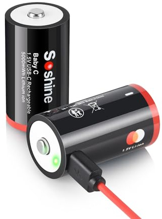 Soshine Rechargeable C Batteries with USB-C Charging Cable, 1.5v Lithium LR14 C Size Battery 5000mWh for Flashlight 2 Pack