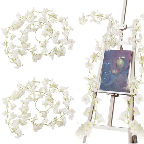 HNLMZ Guirlandes de Fleurs de Cerisier Artificielles,2 Pièces 1,8 Mètres Guirlande Fleurs Artificielles,135 Têtes Suspendre Fleurs Artificielles en Soie pour Maison,Jardin,Fête,Deco de Mariage(Blanc)