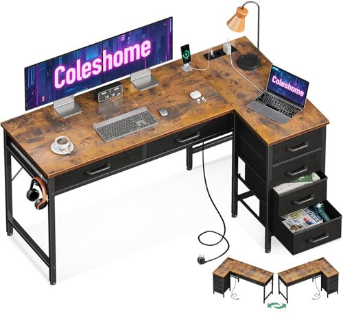 Coleshome Eckschreibtisch mit 6 Schubladen, Schreibtisch L Form mit Steckdose, PC Tisch und Computertisch mit Stauraum, Umkehrbarer Bürotisch fürs Schlafzimmer (Vintage Brauner, 126x80 cm)