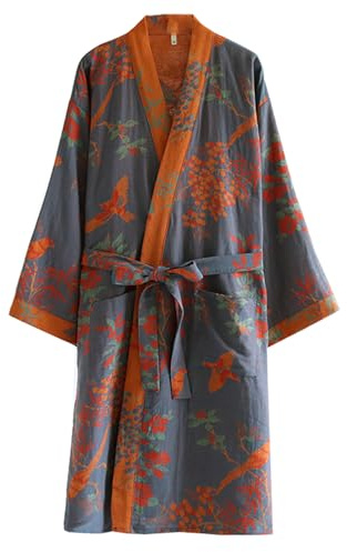 Cotton Double Gauze Traditional Hanfu Midi-length Nightdress Printing Tie-belt Bathrobe Loose Pajamas Comfortable Nightgown Sweat Steaming Yukata Sauna Suit Sleepwear Kimono for Women Large(Grey)