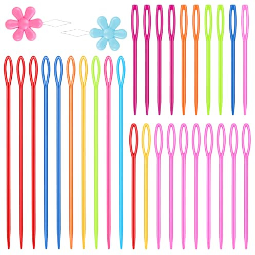 Lot de 32 aiguilles à fil en plastique, 3 tailles d'aiguilles à gros chas en plastique avec enfile-aiguille, aiguilles à tricoter, tissage, aiguilles à crochet pour travaux manuels