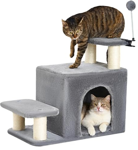 Happi N Pets Dog Stairs with Cat Scratching Post & Large Condo, Stable Pet Steps for High Beds Couch, 3 Combinations Cat Ramp Tree Tower for Cats or Small Dogs, Removable Cushion & Bonus Toy, Gray