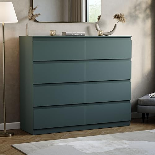 Vida Designs Denver 8 Drawer Chest of Drawers | Jasper Green | Space-Saving Storage | 95.5H x 120W x 40D cm | Smooth Metal Runner | Engineered Wood | Modern Bedroom Chest of Drawers Unit